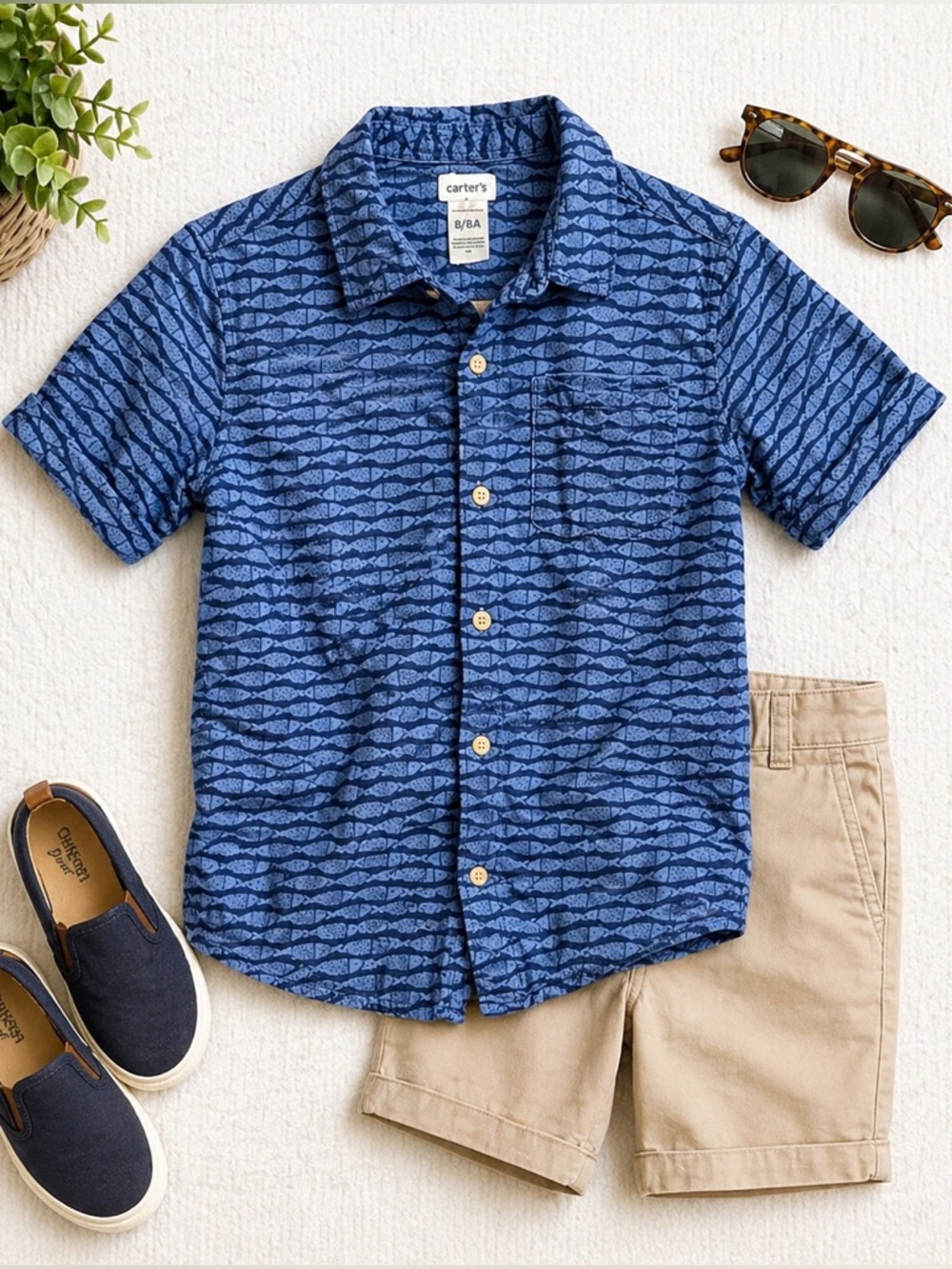 Boys Carter's Navy Fish Print Short Sleeve Shirt Size 8
